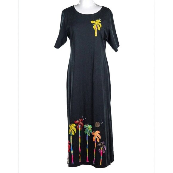 Vintage KARLA MARIE BLACK Casual Tshirt Dress PM Petite Medium Palm Tree - Picture 2 of 8